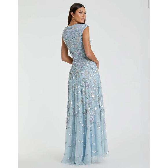 Mac Duggal Sequined High Neck Cap Sleeve A Line Gown Ice Blue Multi Size 12 NWT - Picture 2 of 13